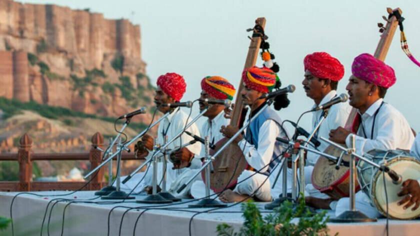 Rajasthani folk musicians performing Kesariya Balam with traditional instruments