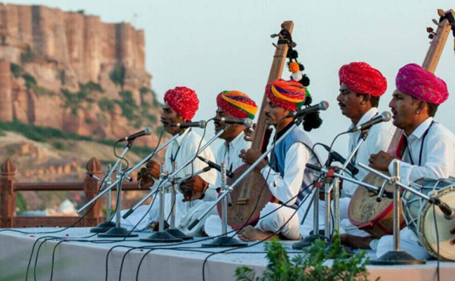 Rajasthani folk musicians performing Kesariya Balam with traditional instruments