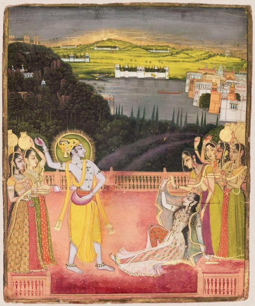 Kishangarh-style painting of Radha and Krishna performing Raas Leela with intricate detailing and vibrant colors. 