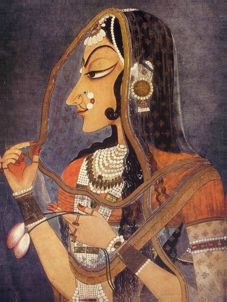 Portrait of Bani Thani with lotus-shaped eyes, graceful features, and traditional Kishangarh art style.