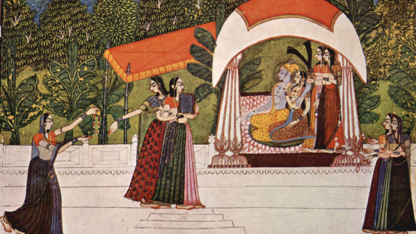 Traditional painting depicting the royal marriage of Raja Savant Singh and the daughter of Bhav Naresh Jaswant Singh in Rajput style