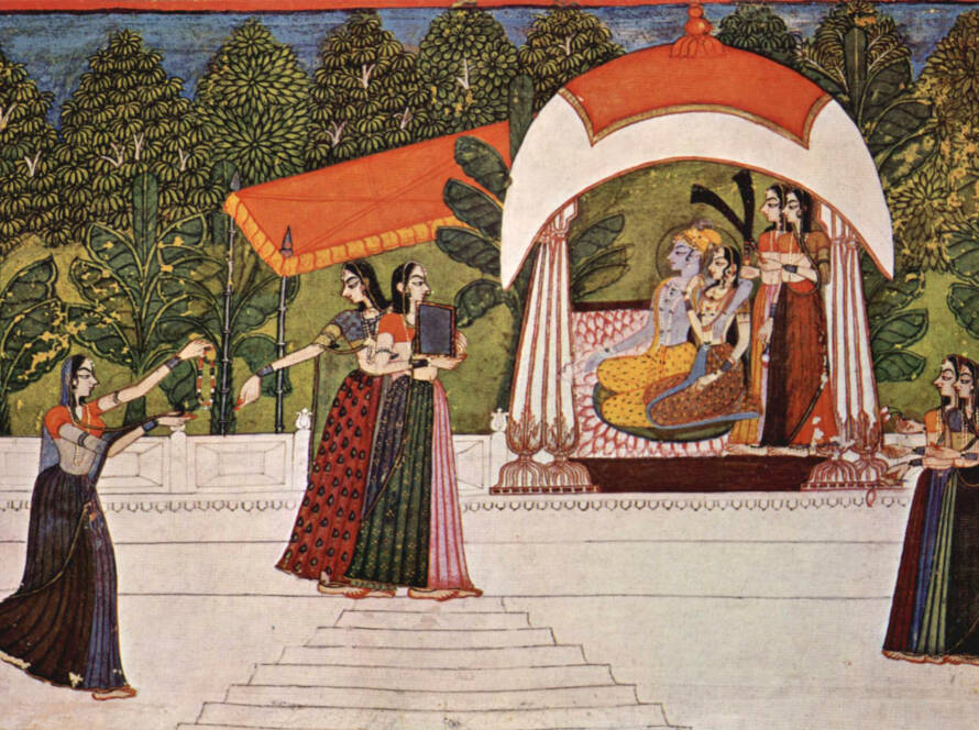 Traditional painting depicting the royal marriage of Raja Savant Singh and the daughter of Bhav Naresh Jaswant Singh in Rajput style