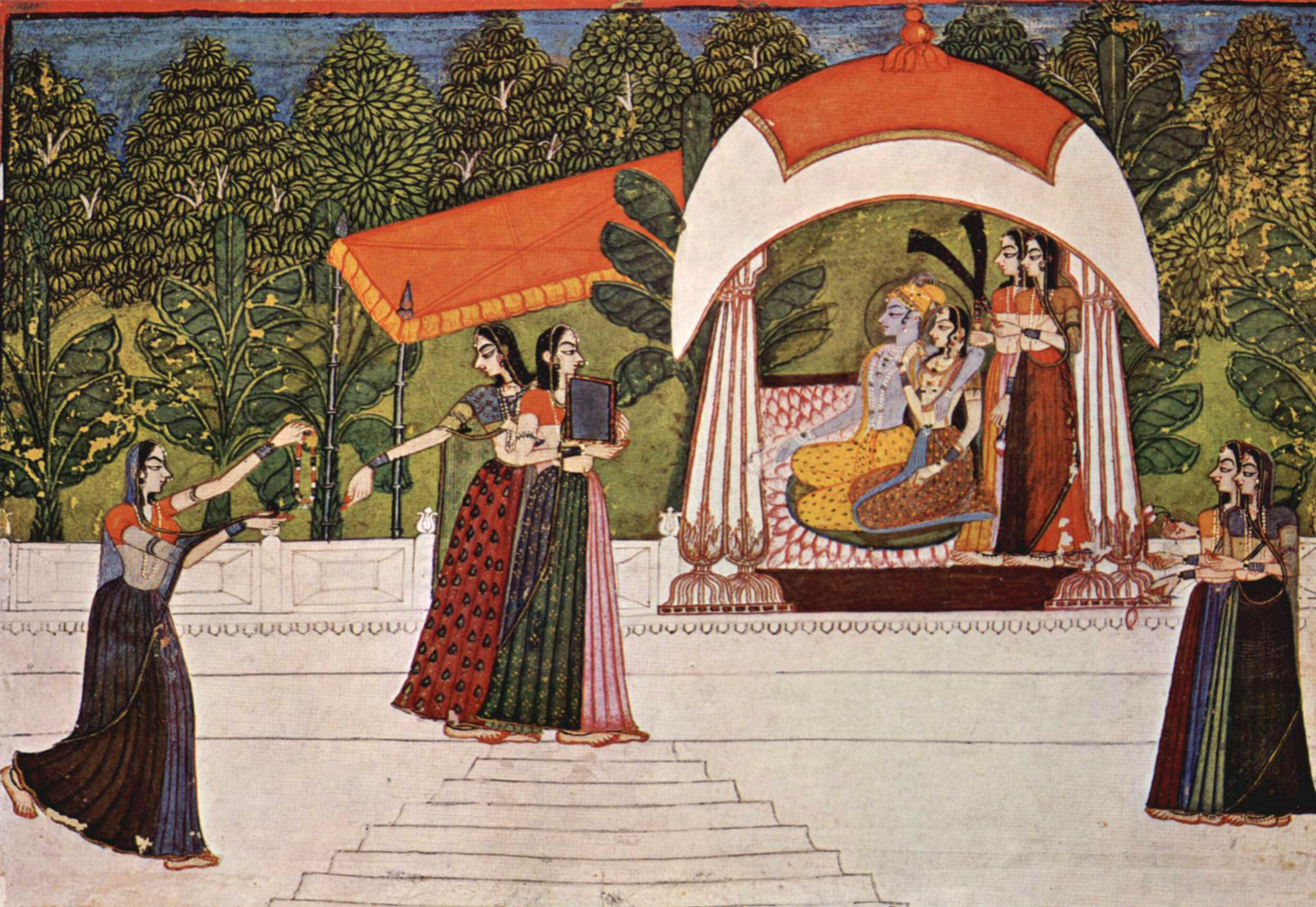 Traditional painting depicting the royal marriage of Raja Savant Singh and the daughter of Bhav Naresh Jaswant Singh in Rajput style