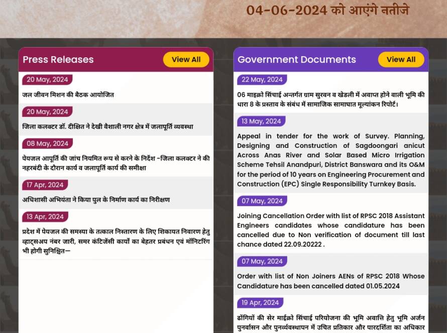 Rajasthan Water Resources Information System Dashboard showing live dam and canal data
