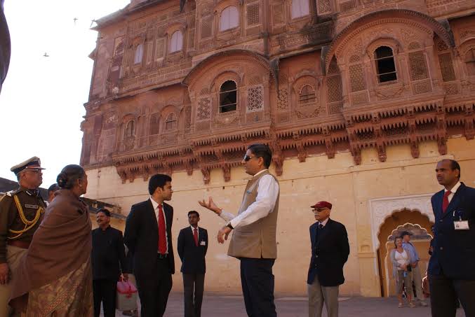Academic and cultural leaders meeting at Mehrangarh Fort during the Matri Bhasha Diwas event promoting Rajasthani language